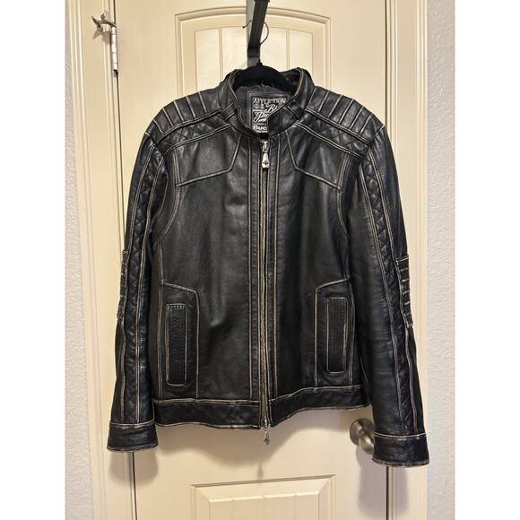 Affliction Black Premium Leather Moto Jacket Celtic Cross Buckle L - Picture 2 of 16